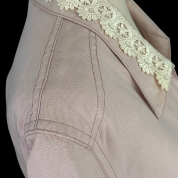 KRIZIA Designer Tailored Sheath Shirt Dress Pink Lace Collar Short Sleeve Sz 14 - Picture 8 of 16